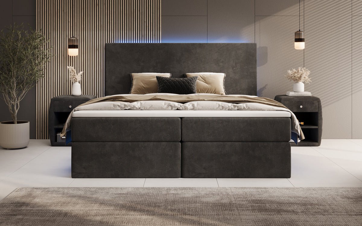 Lit boxspring Voyage avec LED et espace de rangement en Côtelé