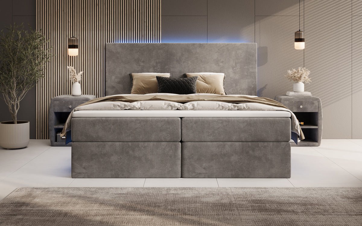 Lit boxspring Voyage avec LED et espace de rangement en Côtelé