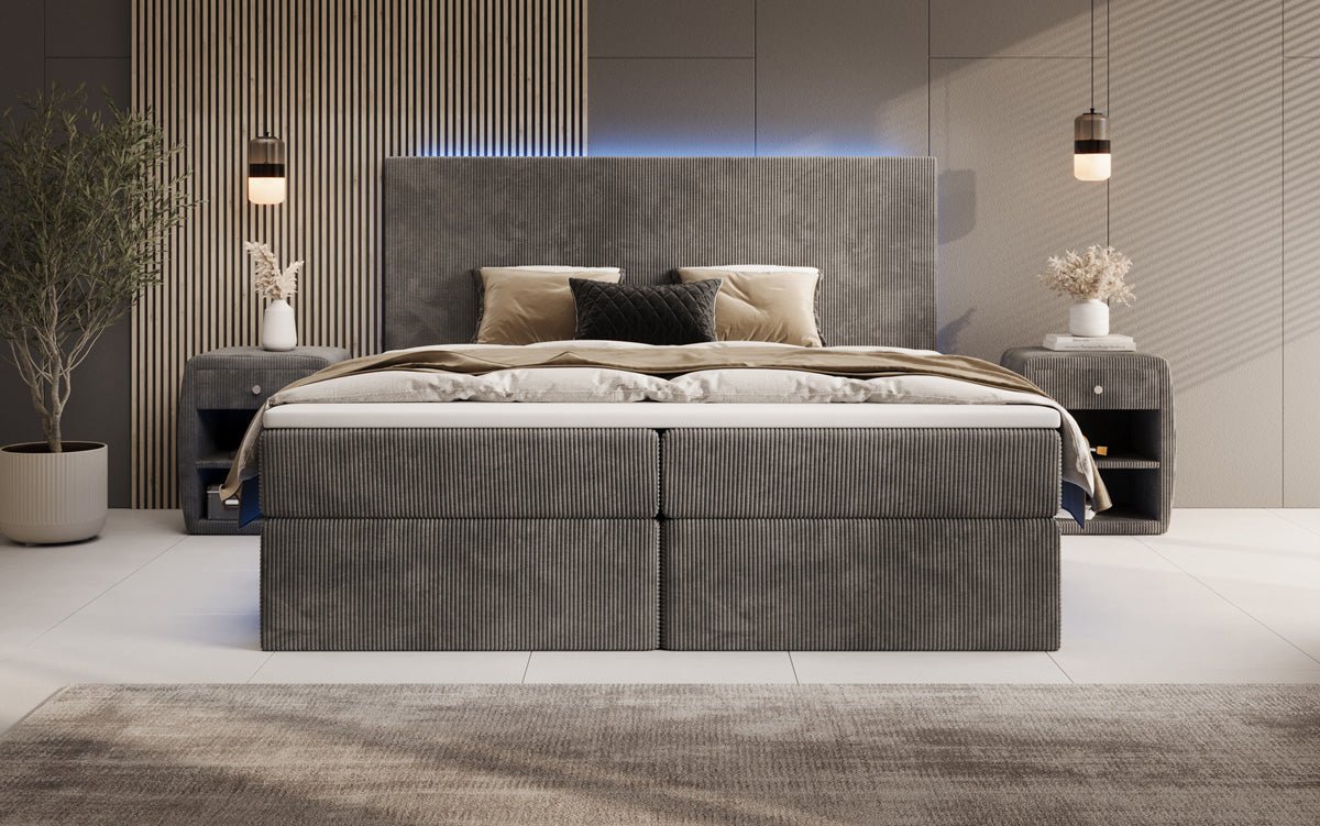 Lit boxspring Voyage avec LED et espace de rangement en Côtelé