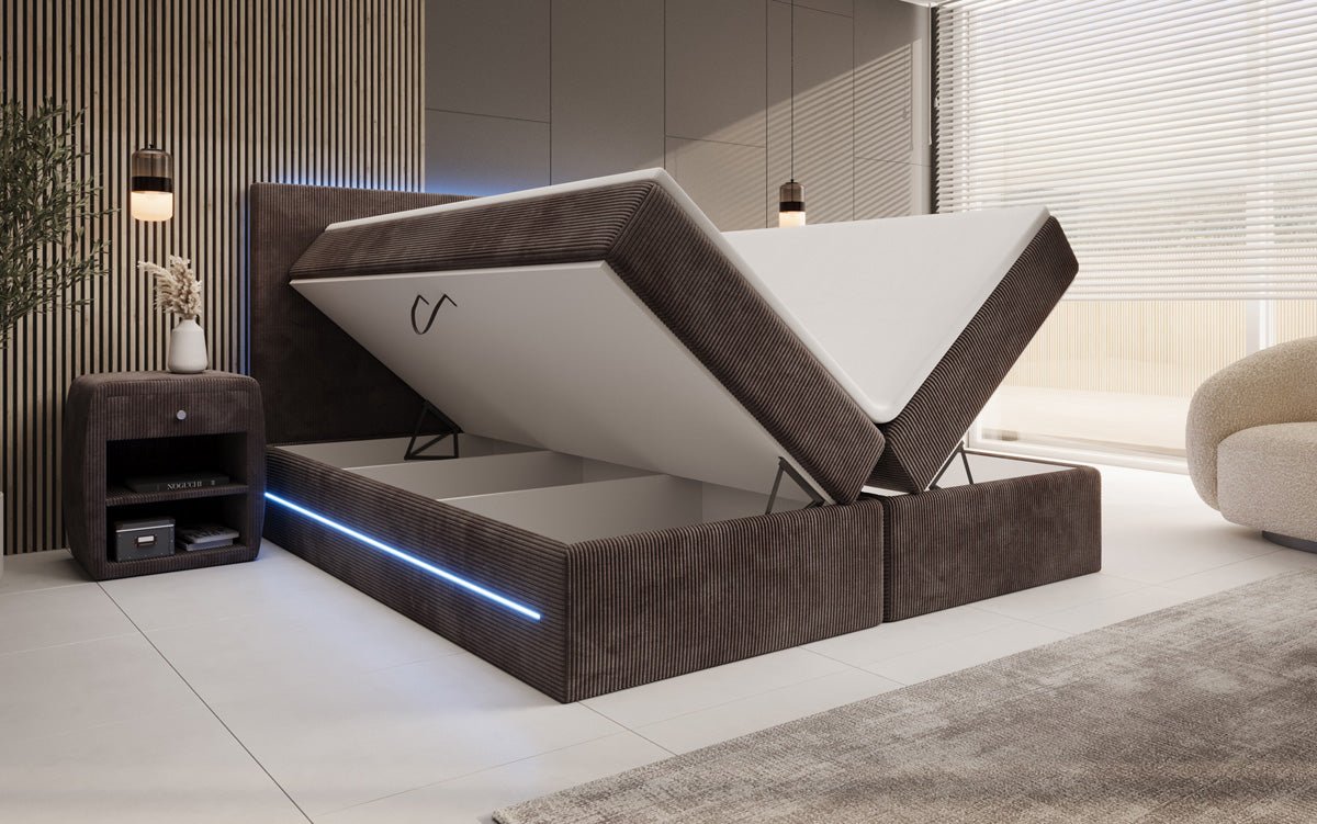 Lit boxspring Voyage avec LED et espace de rangement en Côtelé