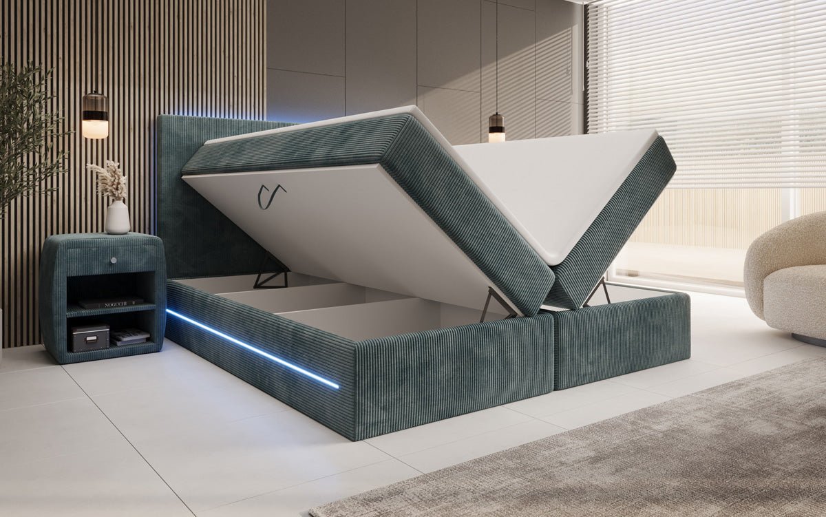 Lit boxspring Voyage avec LED et espace de rangement en Côtelé