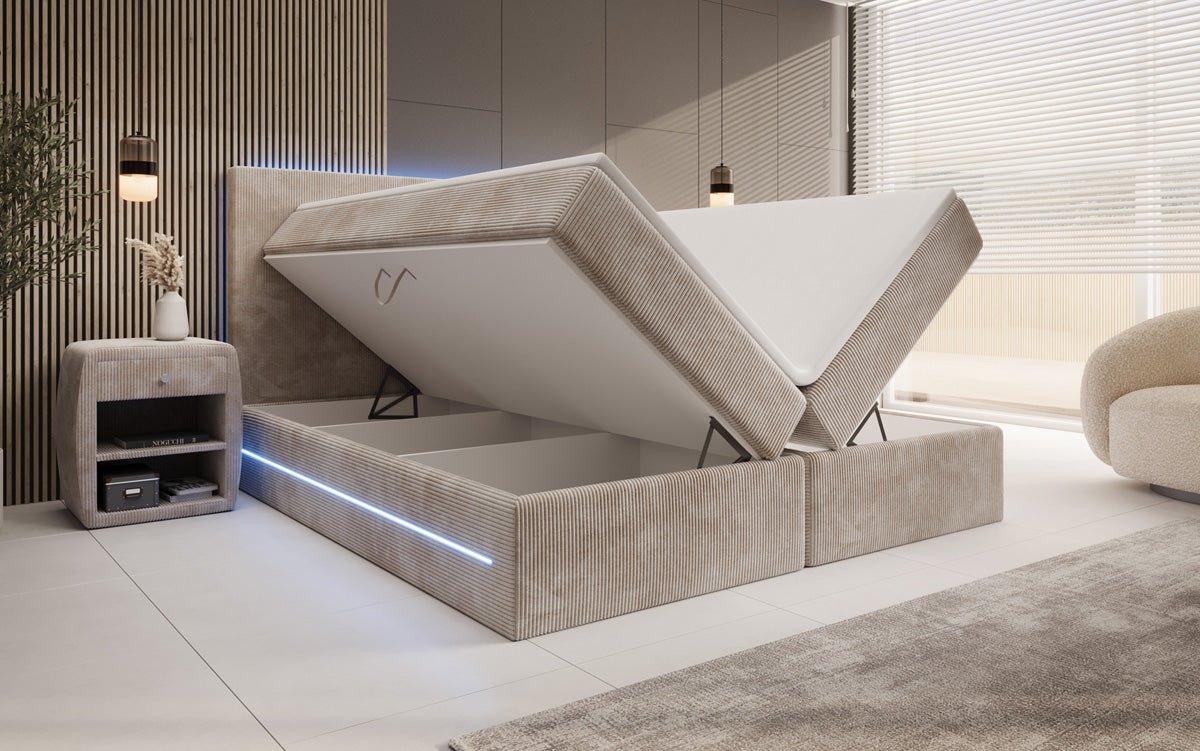 Lit boxspring Voyage avec LED et espace de rangement en Côtelé
