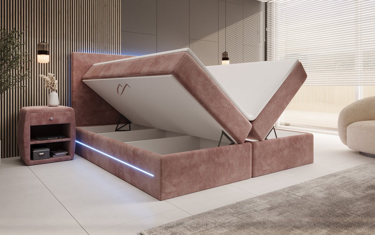 Lit boxspring Voyage avec LED et espace de rangement en Côtelé