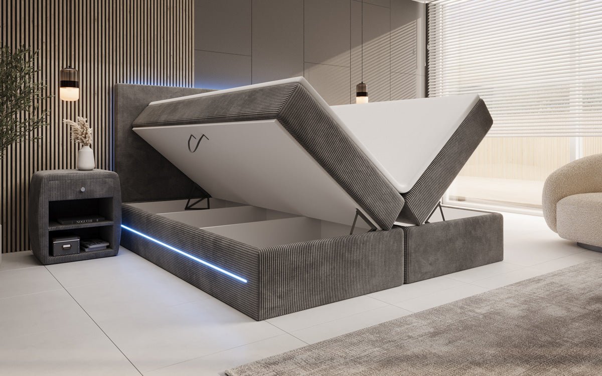 Lit boxspring Voyage avec LED et espace de rangement en Côtelé