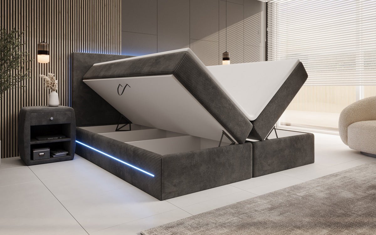 Lit boxspring Voyage avec LED et espace de rangement en Côtelé