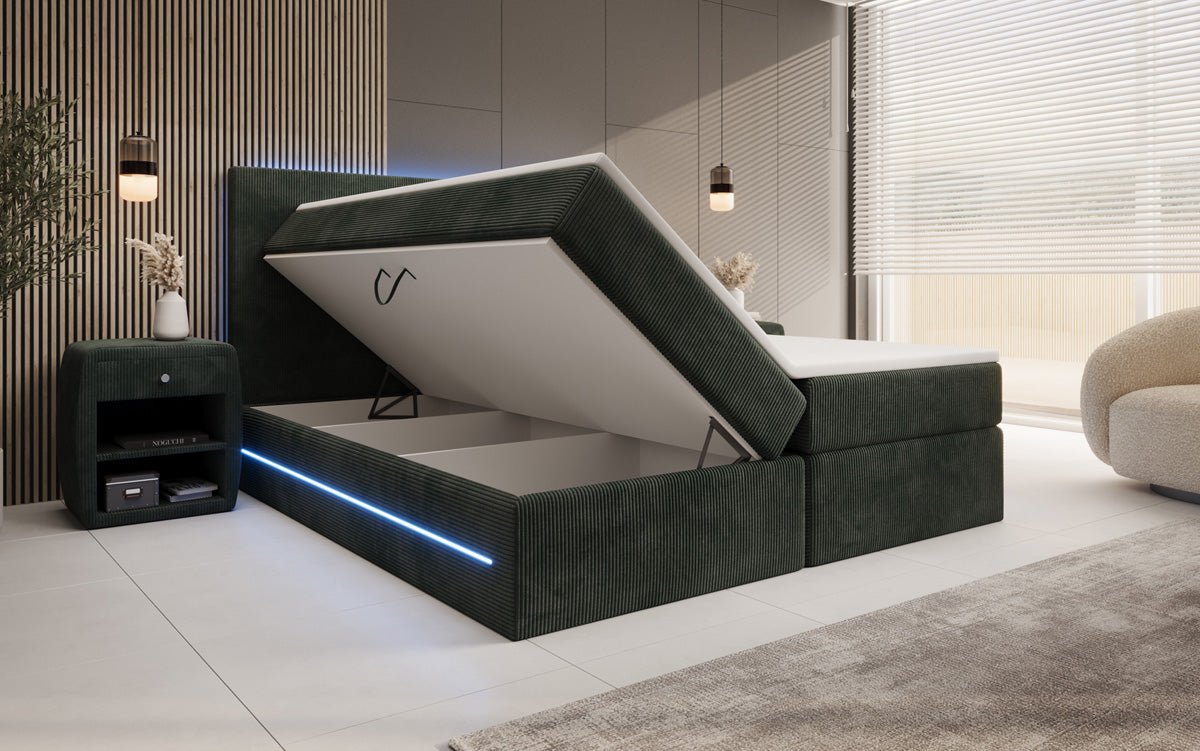 Lit boxspring Voyage avec LED et espace de rangement en Côtelé