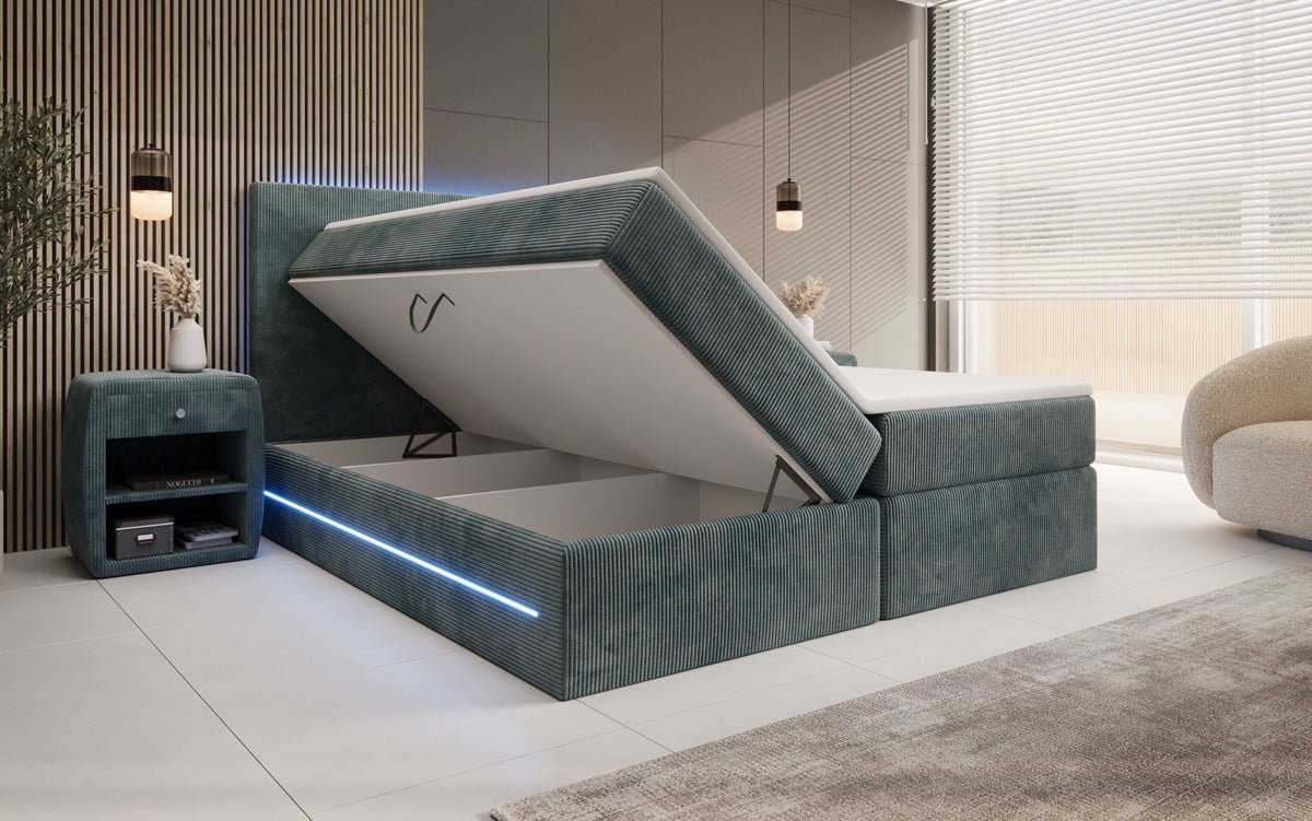 Lit boxspring Voyage avec LED et espace de rangement en Côtelé