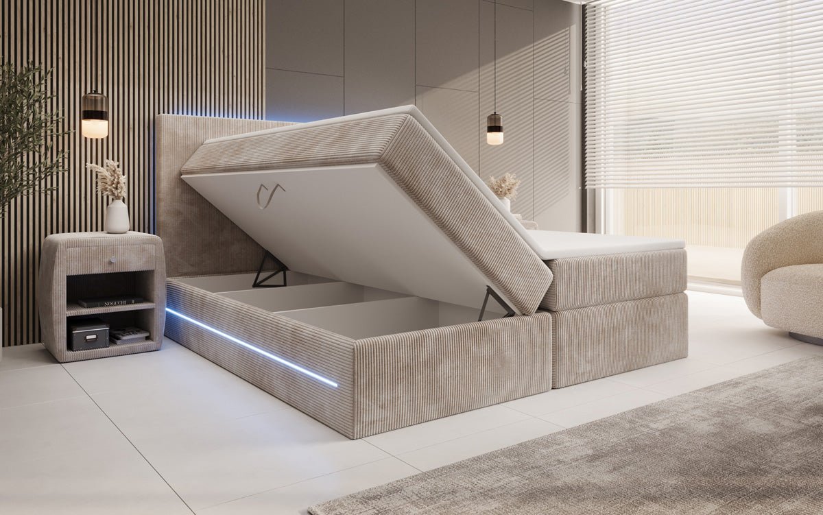 Lit boxspring Voyage avec LED et espace de rangement en Côtelé