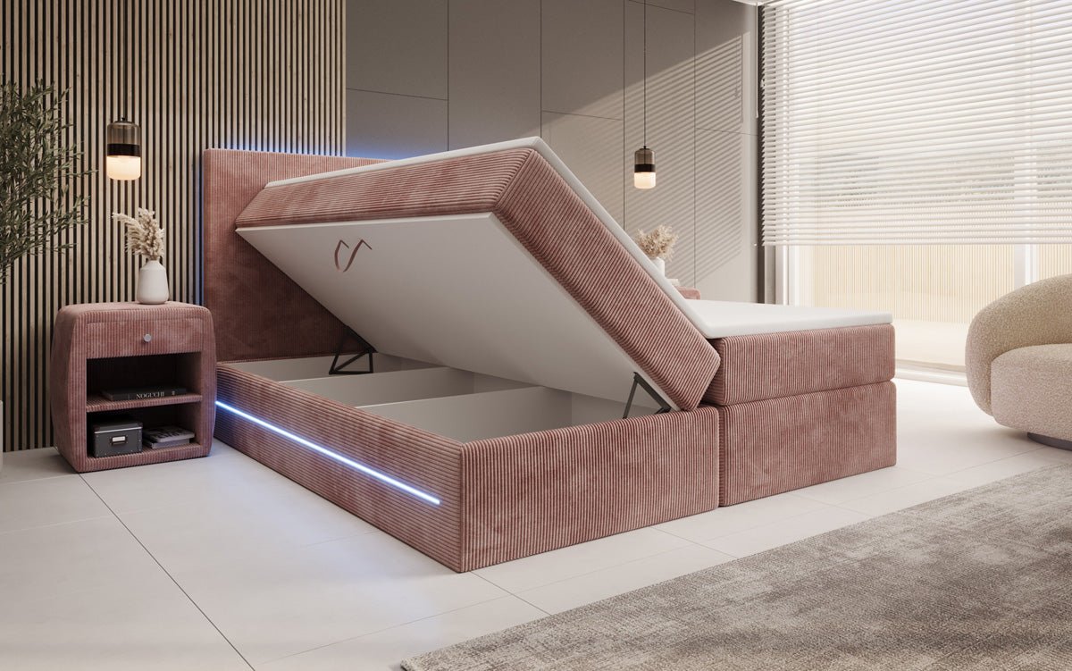 Lit boxspring Voyage avec LED et espace de rangement en Côtelé