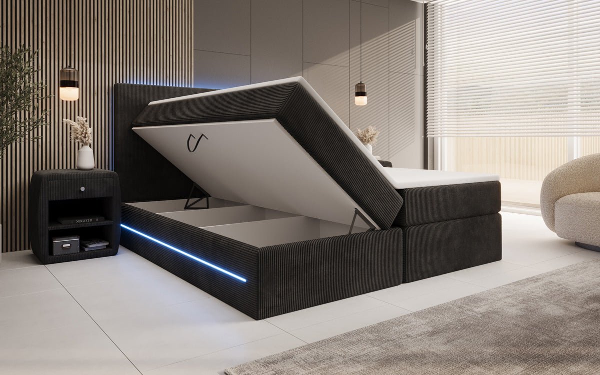 Lit boxspring Voyage avec LED et espace de rangement en Côtelé