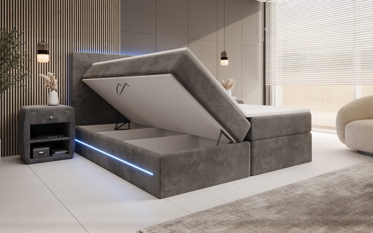 Lit boxspring Voyage avec LED et espace de rangement en Côtelé