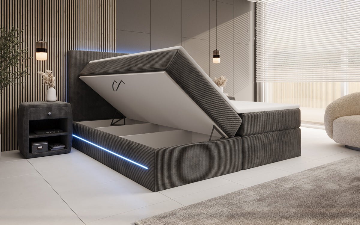 Lit boxspring Voyage avec LED et espace de rangement en Côtelé