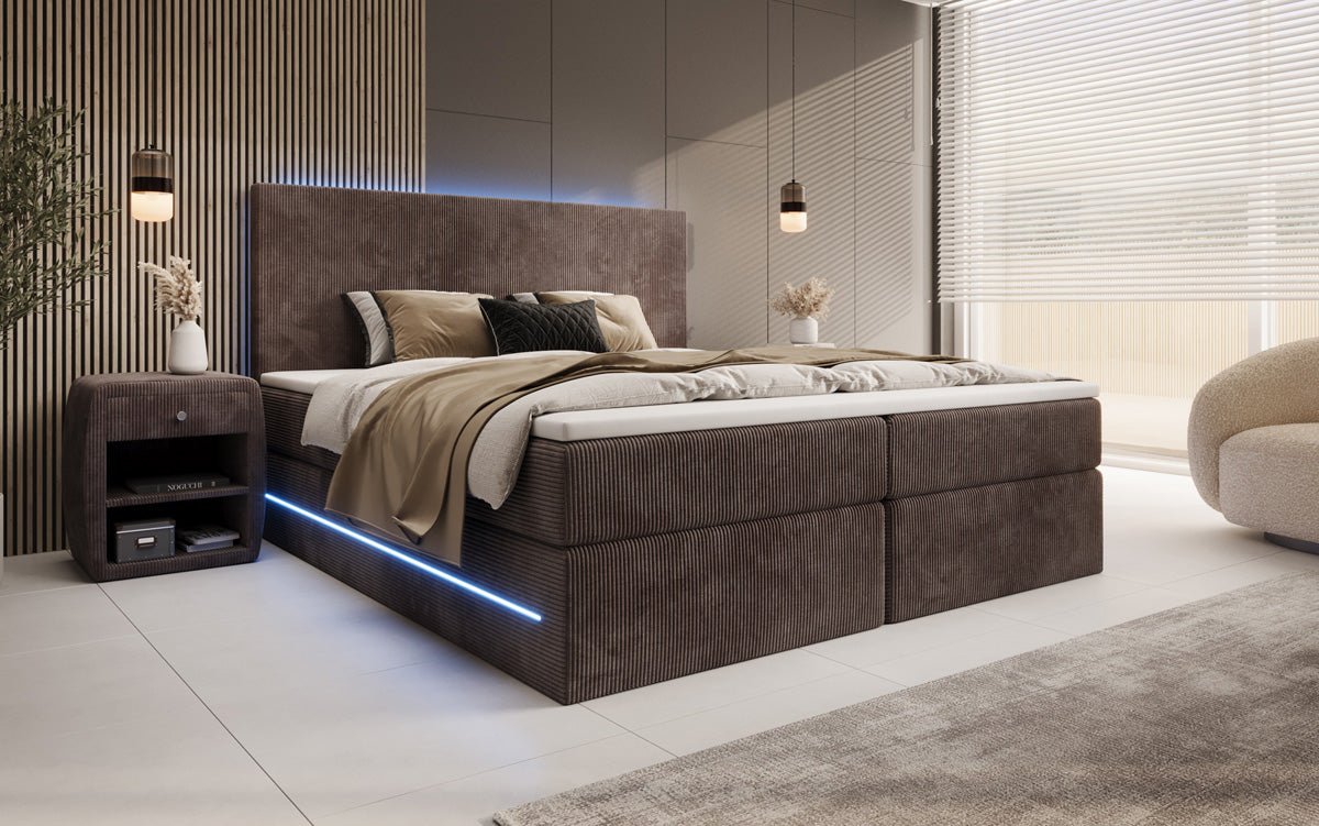 Lit boxspring Voyage avec LED et espace de rangement en Côtelé
