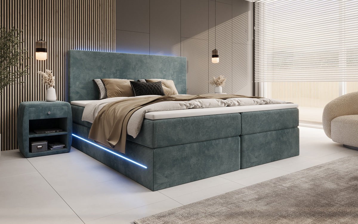 Lit boxspring Voyage avec LED et espace de rangement en Côtelé