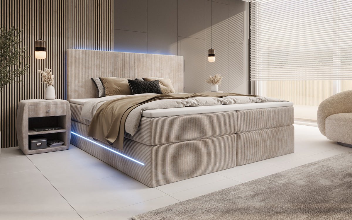 Lit boxspring Voyage avec LED et espace de rangement en Côtelé