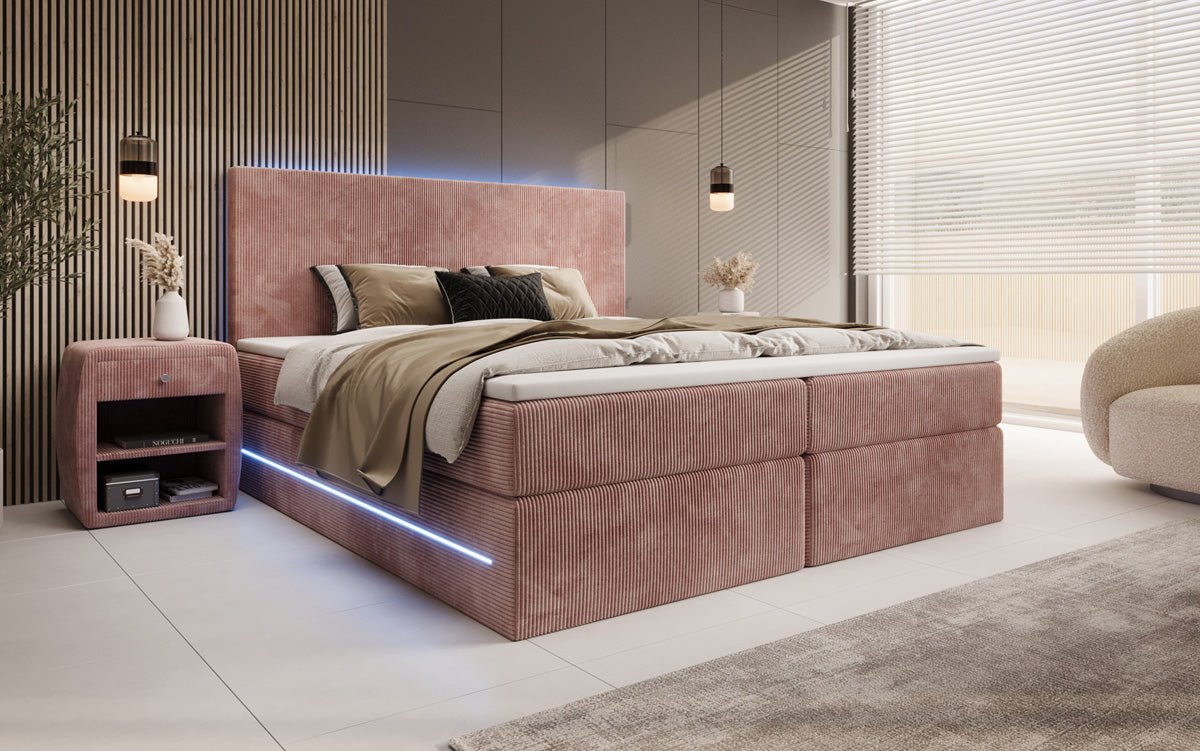 Lit boxspring Voyage avec LED et espace de rangement en Côtelé