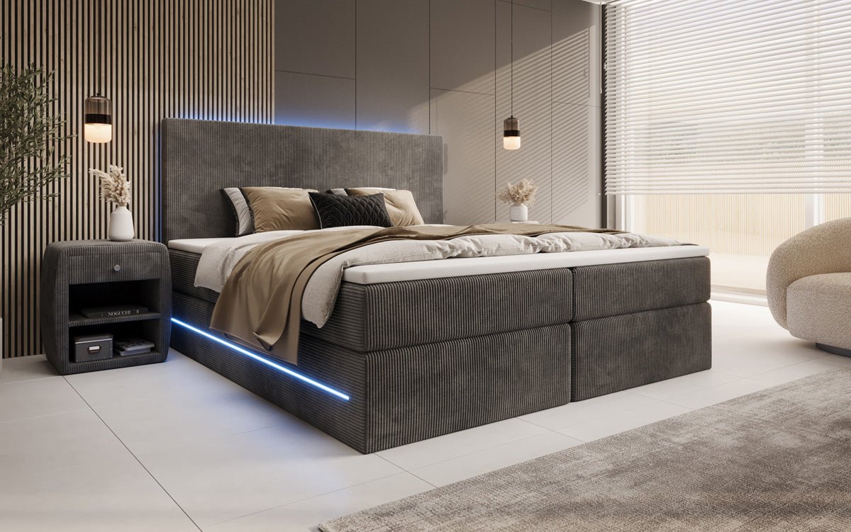 Lit boxspring Voyage avec LED et espace de rangement en Côtelé