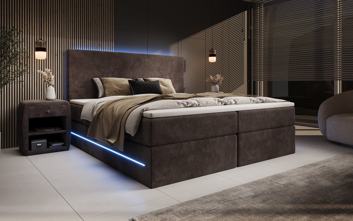 Lit boxspring Voyage avec LED et espace de rangement en Côtelé