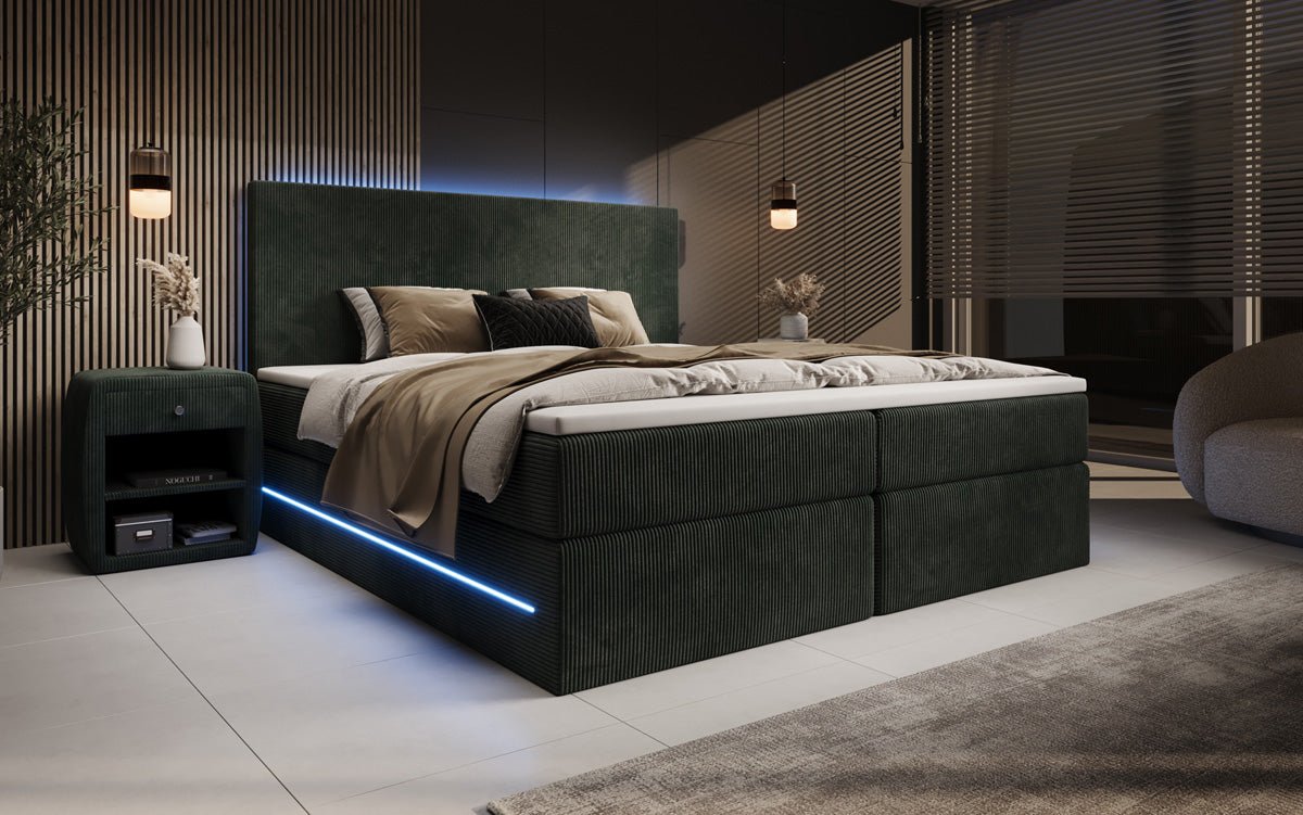 Lit boxspring Voyage avec LED et espace de rangement en Côtelé