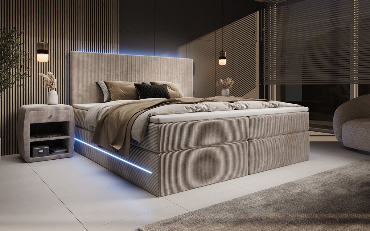 Lit boxspring Voyage avec LED et espace de rangement en Côtelé