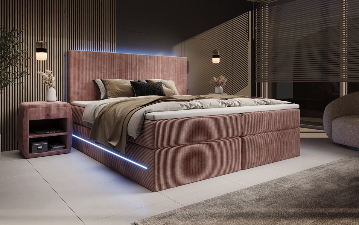 Lit boxspring Voyage avec LED et espace de rangement en Côtelé
