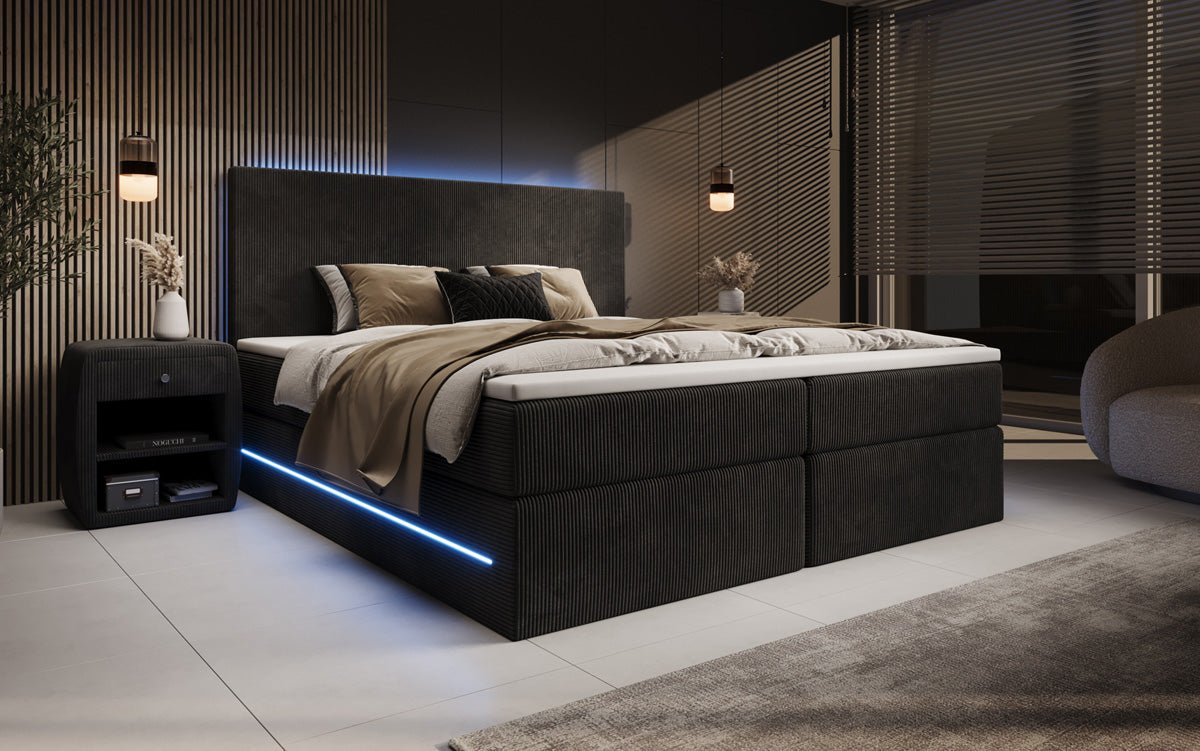 Lit boxspring Voyage avec LED et espace de rangement en Côtelé