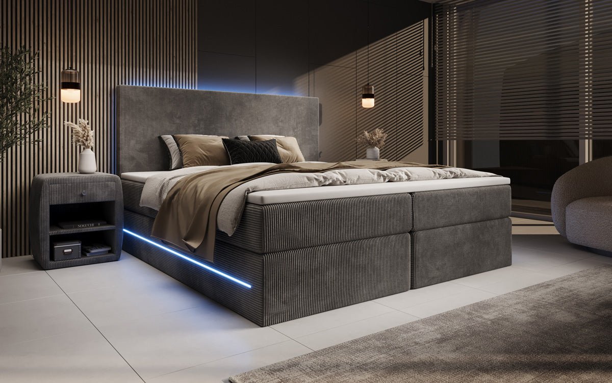 Lit boxspring Voyage avec LED et espace de rangement en Côtelé