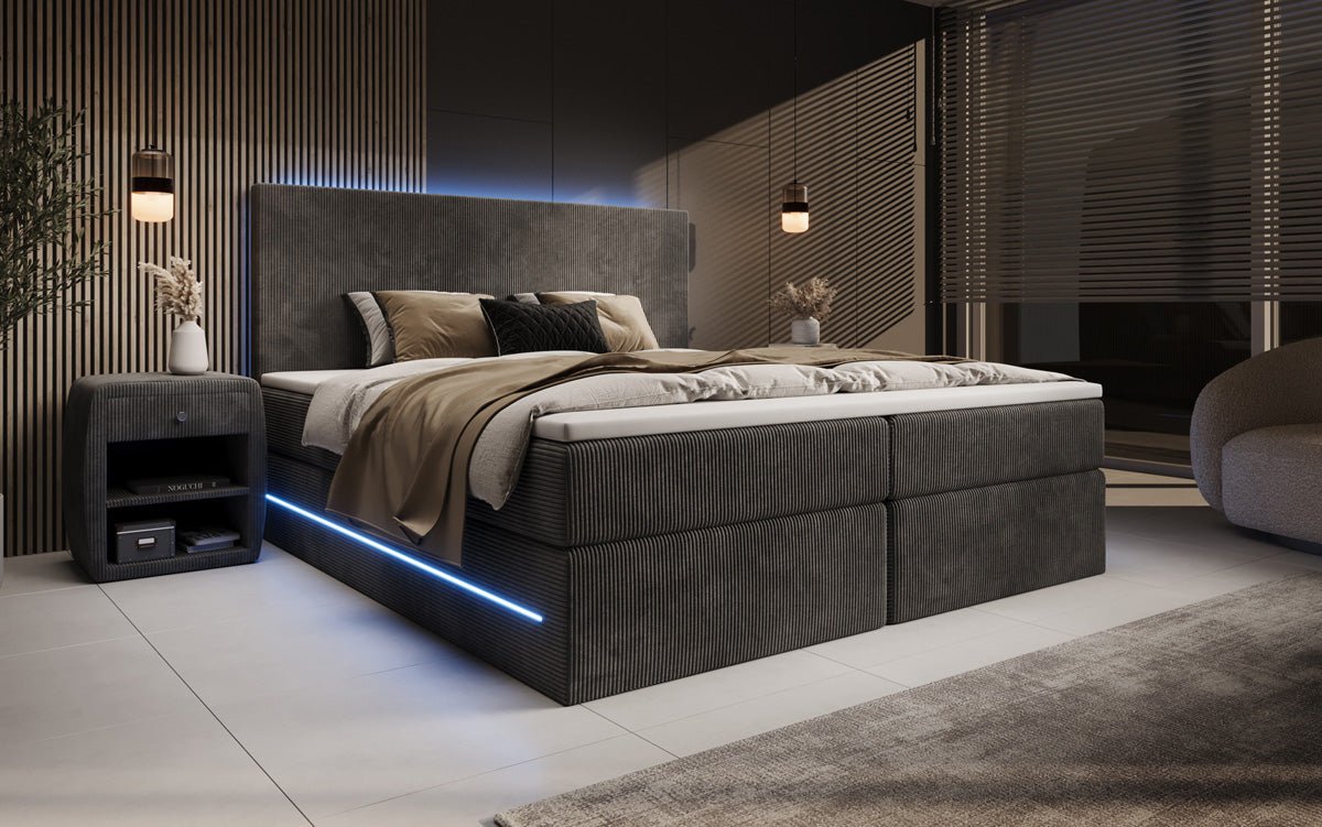 Lit boxspring Voyage avec LED et espace de rangement en Côtelé