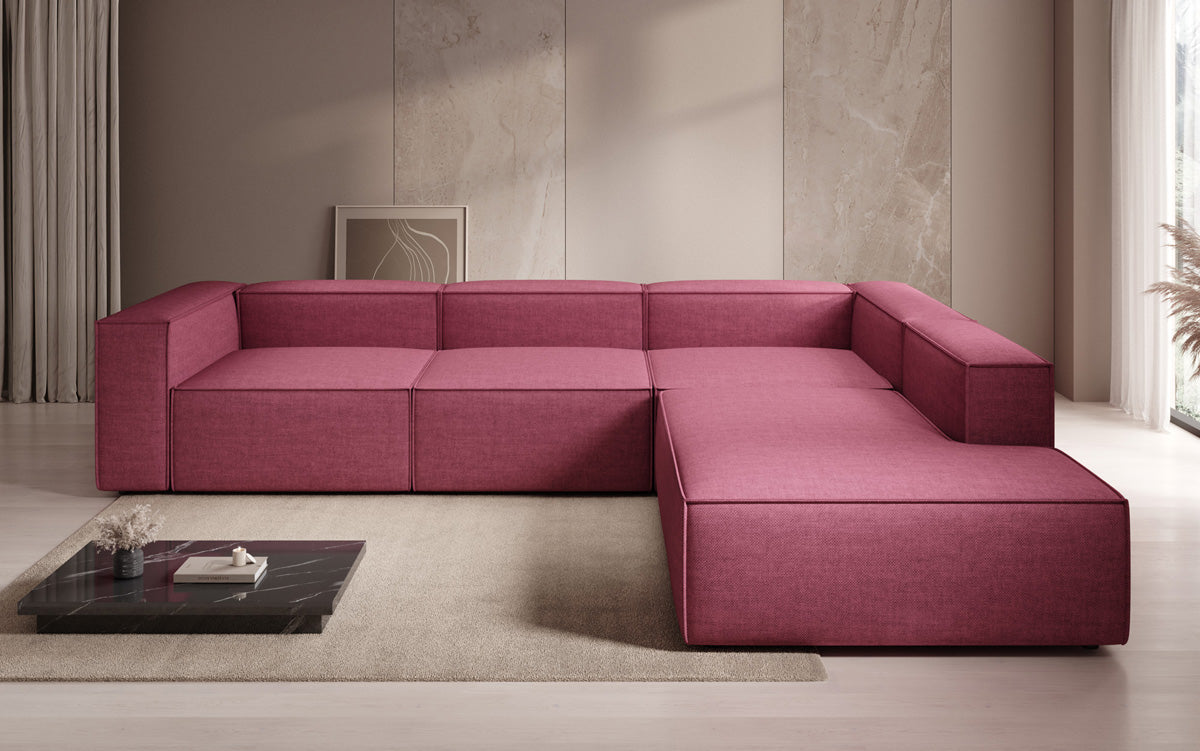 Canapé d'angle design Lesley avec longue ottomane aspect lin