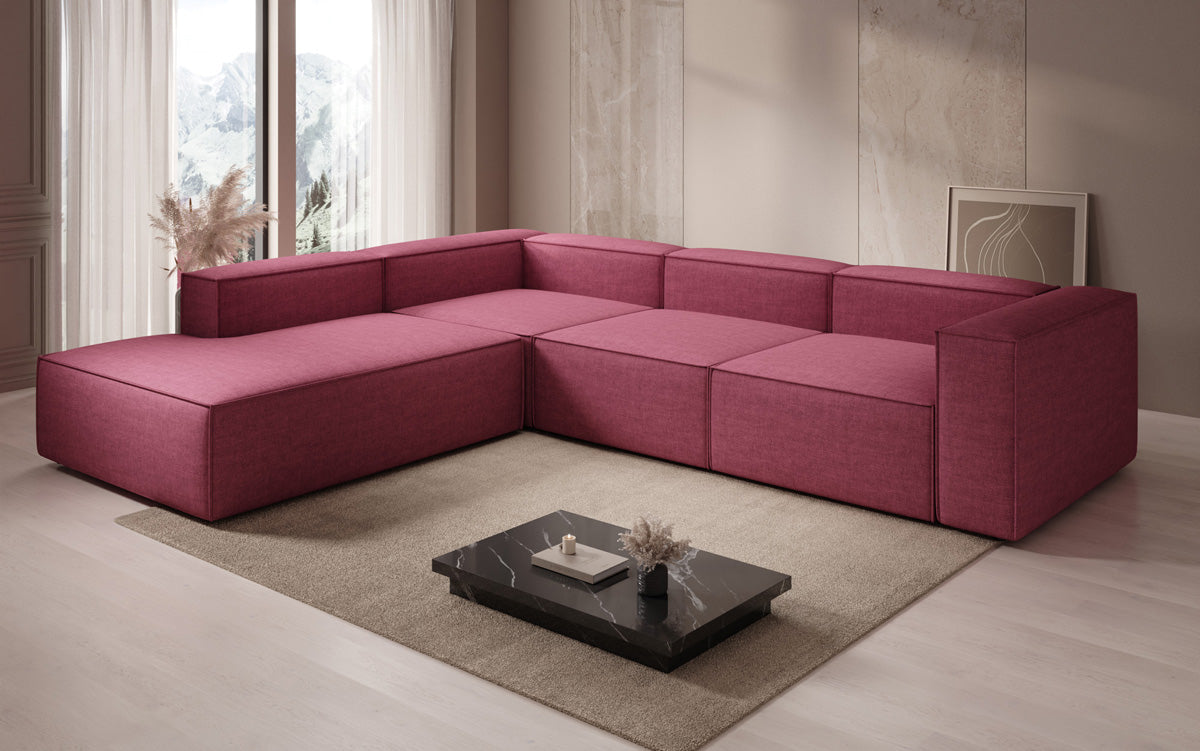 Canapé d'angle design Lesley avec longue ottomane aspect lin