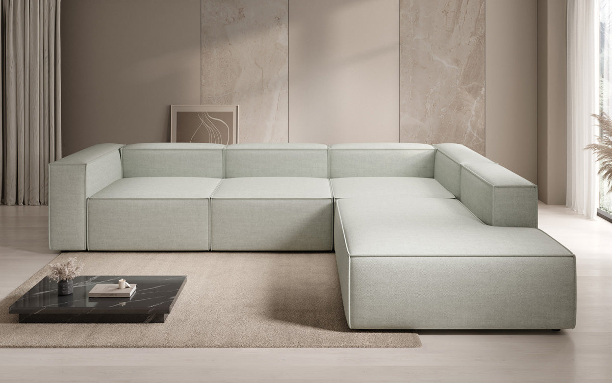 Canapé d'angle design Lesley avec longue ottomane aspect lin