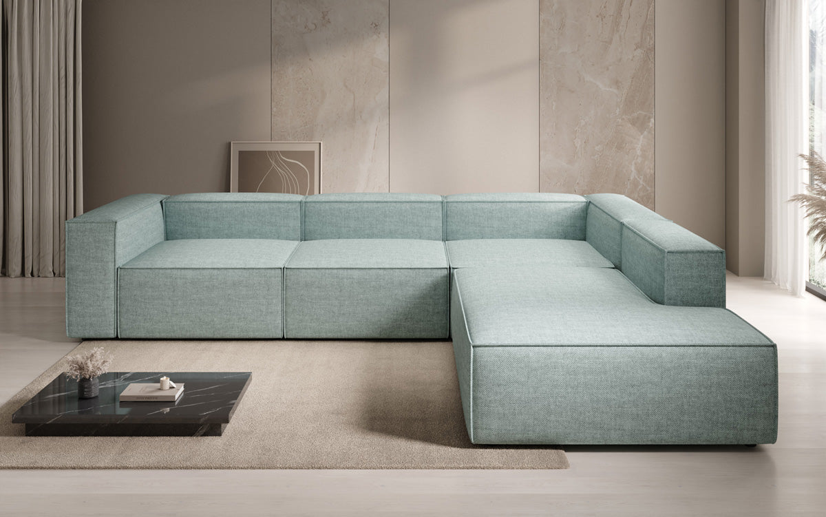 Canapé d'angle design Lesley avec longue ottomane aspect lin