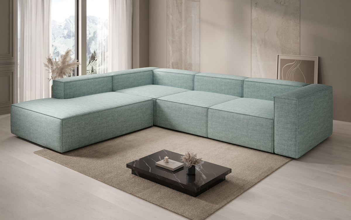 Canapé d'angle design Lesley avec longue ottomane aspect lin