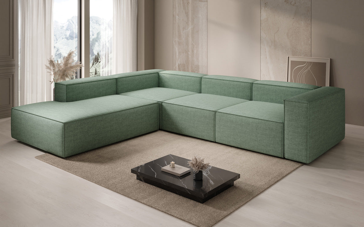 Canapé d'angle design Lesley avec longue ottomane aspect lin