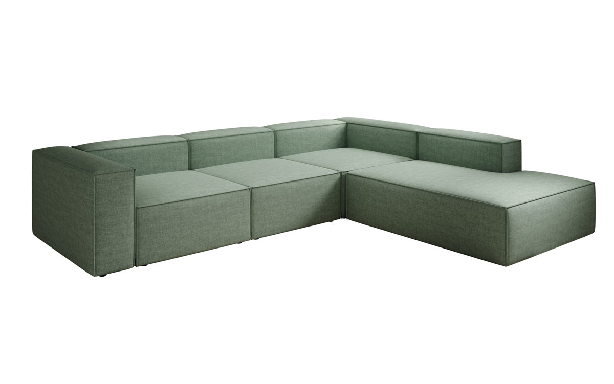 Canapé d'angle design Lesley avec longue ottomane aspect lin
