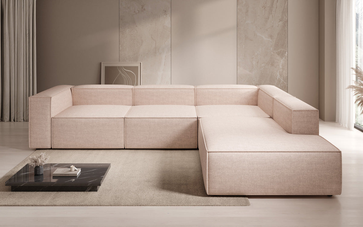 Canapé d'angle design Lesley avec longue ottomane aspect lin