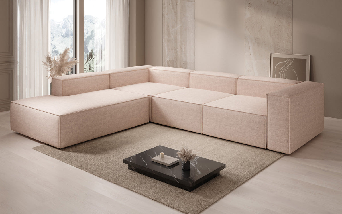 Canapé d'angle design Lesley avec longue ottomane aspect lin