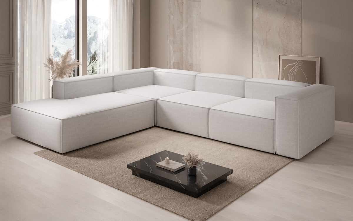 Canapé d'angle design Lesley avec longue ottomane aspect lin