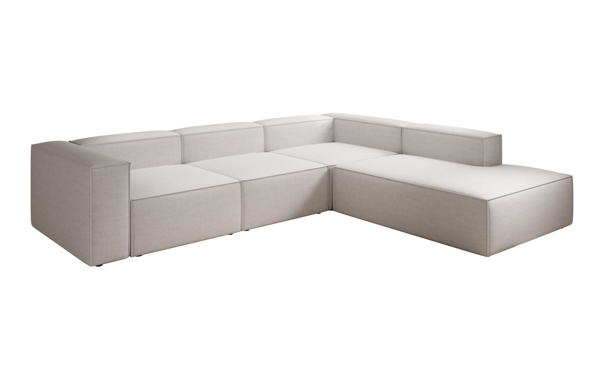 Canapé d'angle design Lesley avec longue ottomane aspect lin