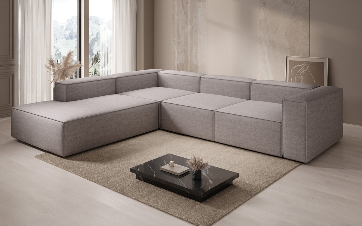 Canapé d'angle design Lesley avec longue ottomane aspect lin