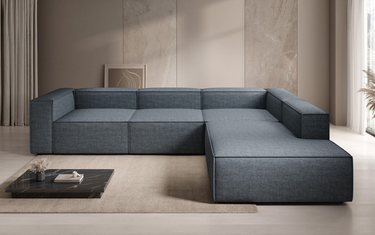 Canapé d'angle design Lesley avec longue ottomane aspect lin