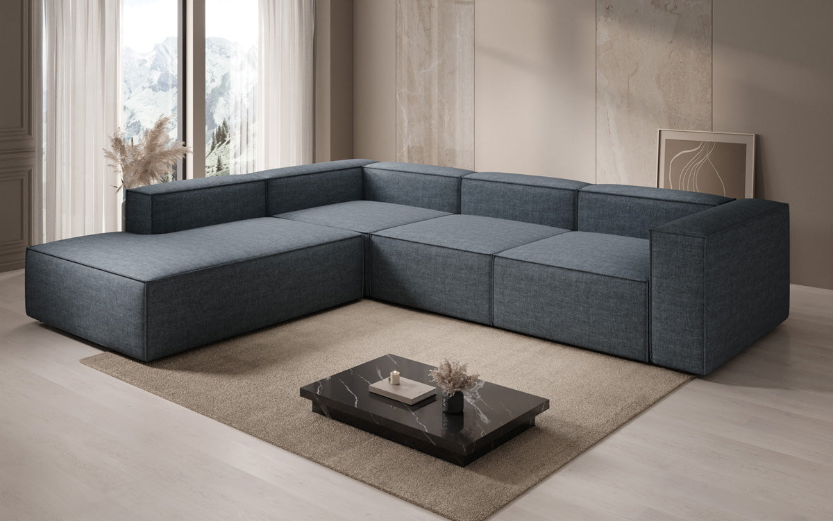 Canapé d'angle design Lesley avec longue ottomane aspect lin