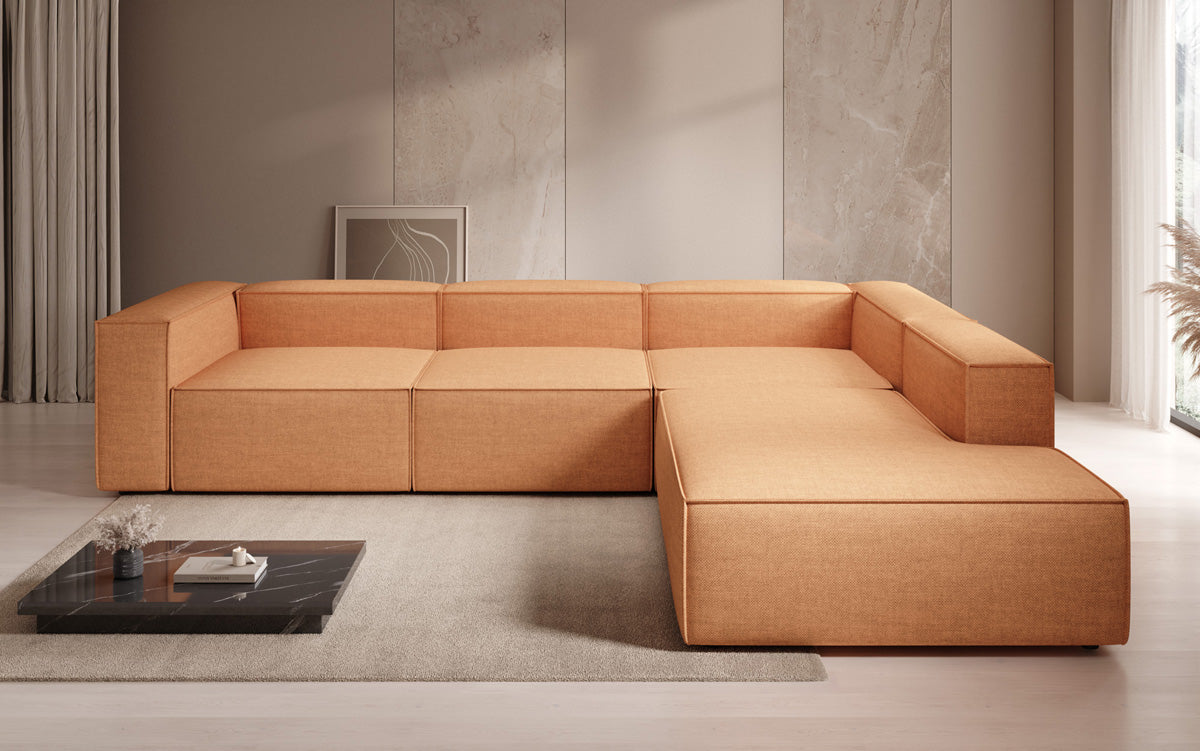 Canapé d'angle design Lesley avec longue ottomane aspect lin