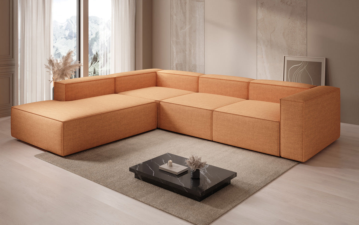 Canapé d'angle design Lesley avec longue ottomane aspect lin