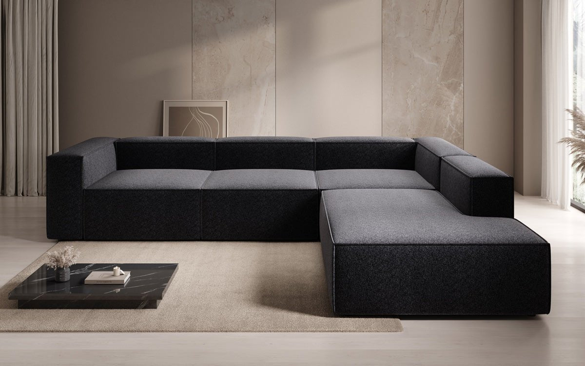 Canapé design Lesley L avec longue méridienne en tissu texturé