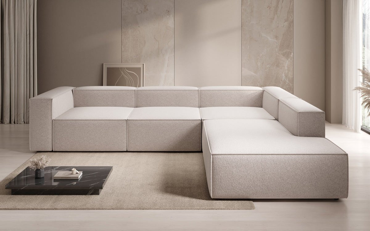 Canapé design Lesley L avec longue méridienne en tissu texturé