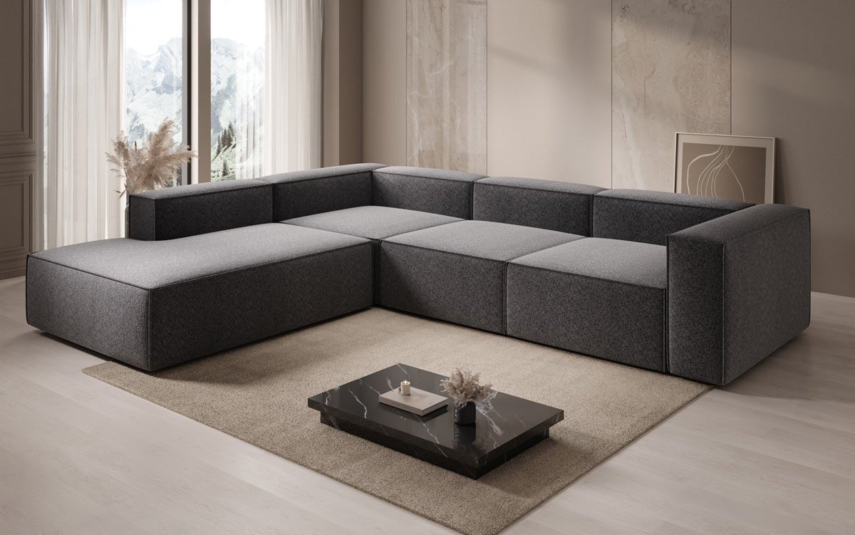 Canapé design Lesley L avec longue méridienne en tissu texturé