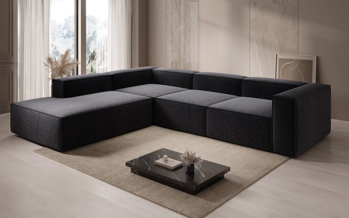 Canapé design Lesley L avec longue méridienne en tissu texturé