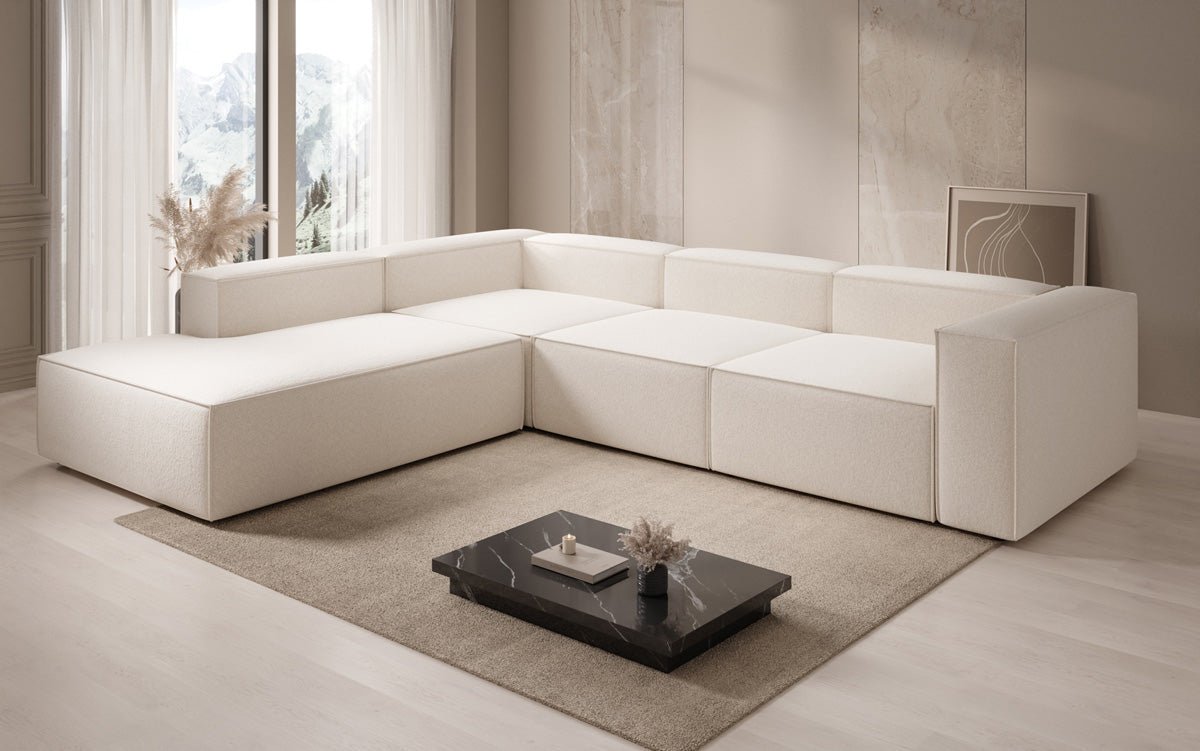 Canapé design Lesley L avec longue méridienne en tissu texturé