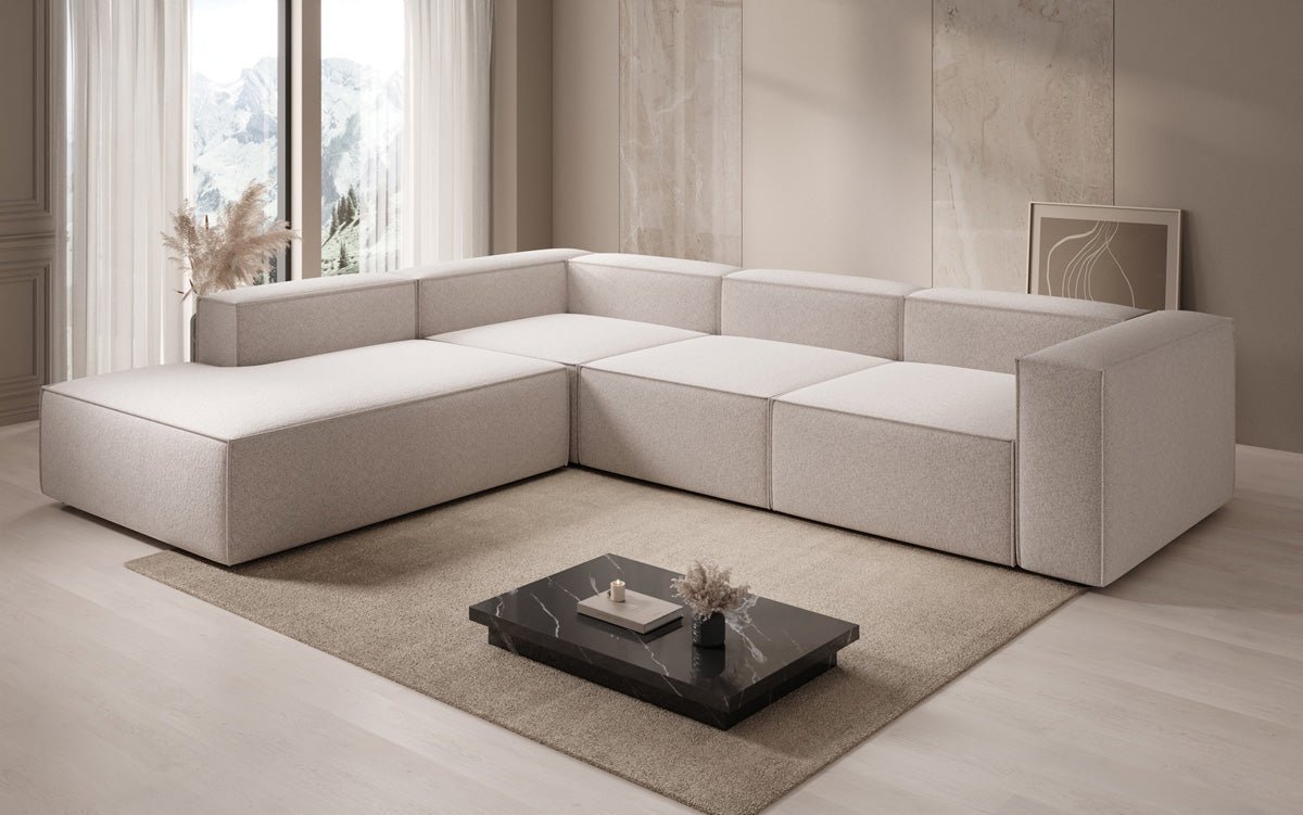 Canapé design Lesley L avec longue méridienne en tissu texturé